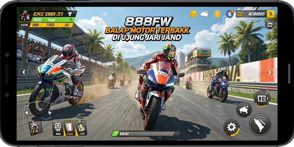 Screenshot gameplay 888FW yang menampilkan balapan motor yang seru dan realistis.