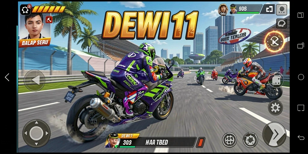 Tampilan seru gameplay DEWI11 dengan aksi balap motor mendebarkan.
