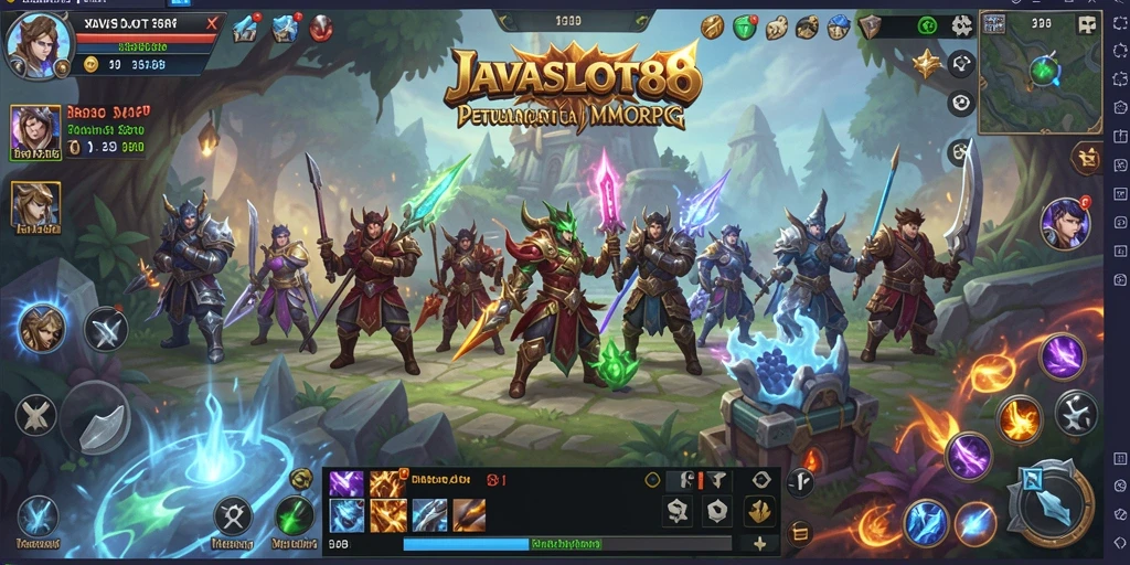 Screenshot utama menampilkan aksi seru dalam permainan MMORPG JAVASLOT88.