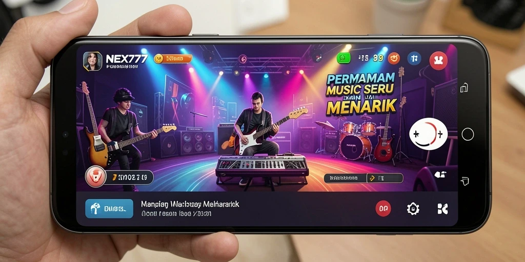 Screenshot gameplay NEX777 menunjukkan pemain mengikuti irama musik dengan seru.