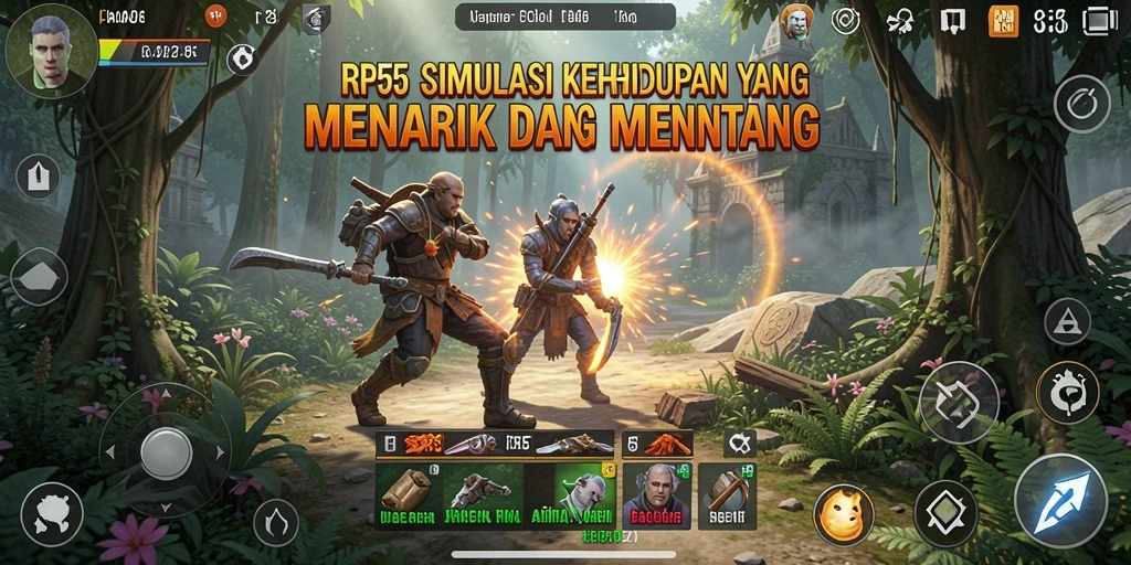 Tampilan gameplay RP55 dengan berbagai interaksi karakter dalam simulasi kehidupan.
