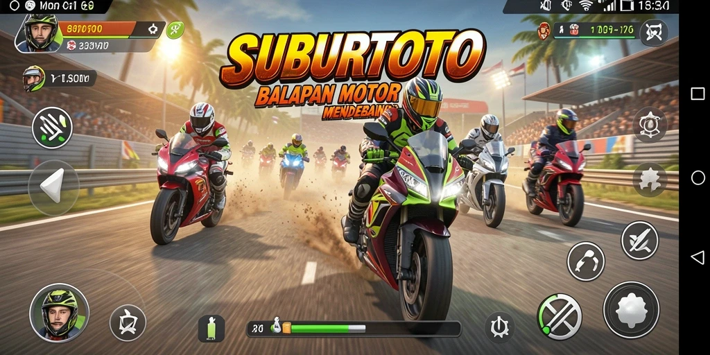 Tampilan gameplay SUBURTOTO yang seru dan mendebarkan saat balapan motor.