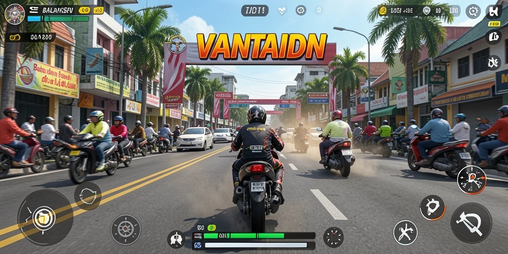 Screenshot VANTAIDN menampilkan aksi balapan di jalanan kota.