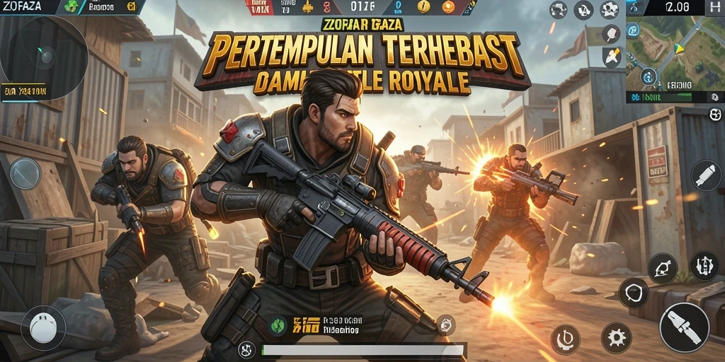 Screenshot gameplay ZOFAZA menunjukkan aksi pertempuran intens dalam arena Battle Royale.